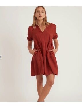 Marine Layer Jamie Cotton Gauze Dress Barn Red Tiered Mini Natural Fibers Size M